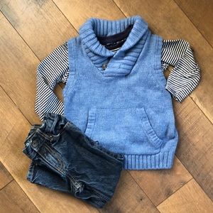 Cowl neck knit vest with striped shirt and jeans!